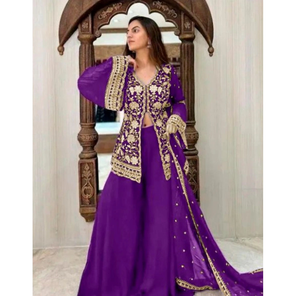 Snuggle Spot Women's Georgette Embroidery 3-4th Sleeve V-Neck Kurti, Palazzo And Dupatta Set (Purple)