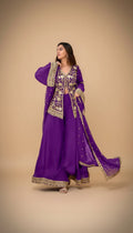 Snuggle Spot Women's Georgette Embroidery 3-4th Sleeve V-Neck Kurti, Palazzo And Dupatta Set (Purple)