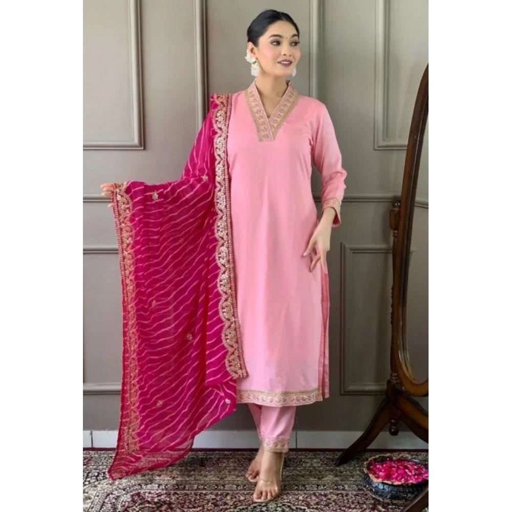 Snuggle Spot Women's Roman Silk Embroidery 3-4th Sleeve V-Neck Kurti With Pant Dupatta Set (Pink)