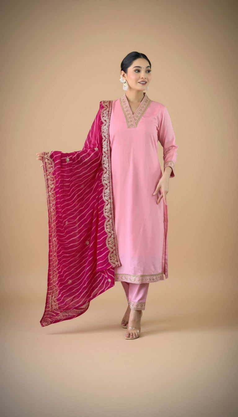 Snuggle Spot Women's Roman Silk Embroidery 3-4th Sleeve V-Neck Kurti With Pant Dupatta Set (Pink)