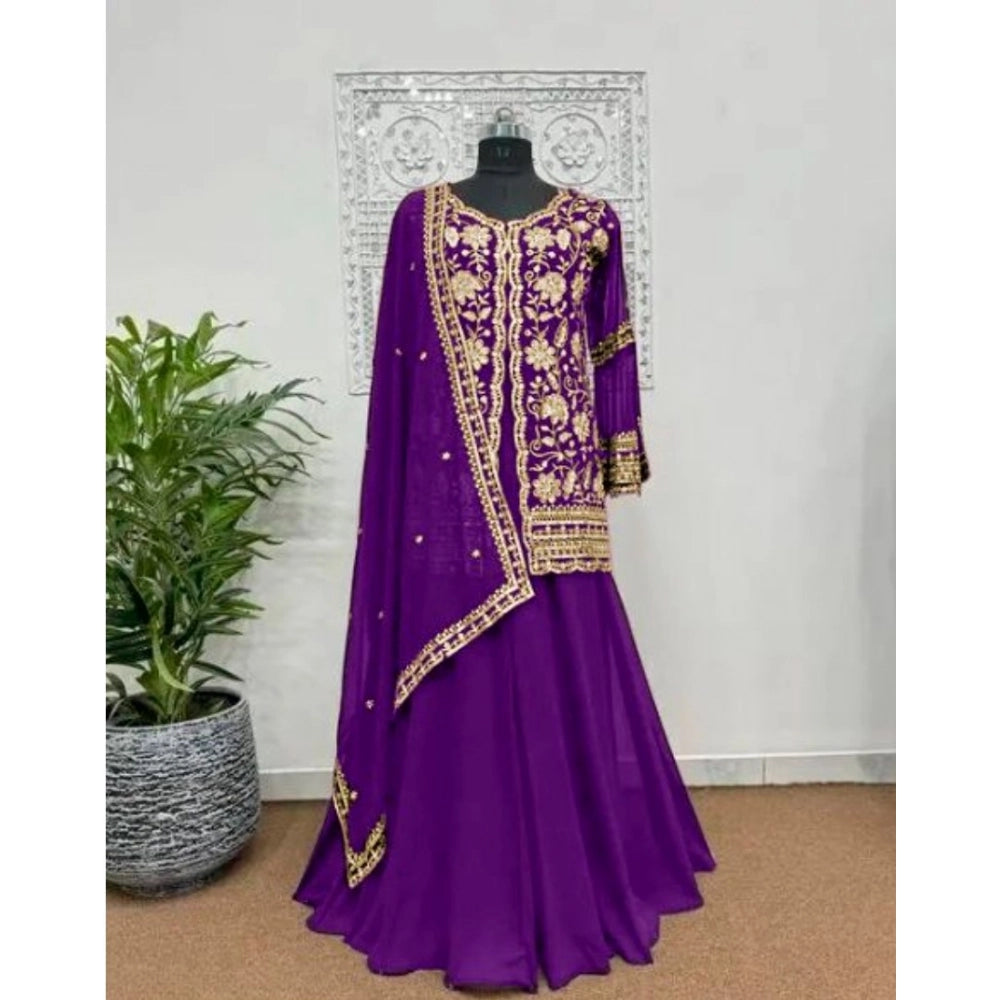 Snuggle Spot Women's Georgette Embroidery 3-4th Sleeve V-Neck Kurti, Palazzo And Dupatta Set (Purple)