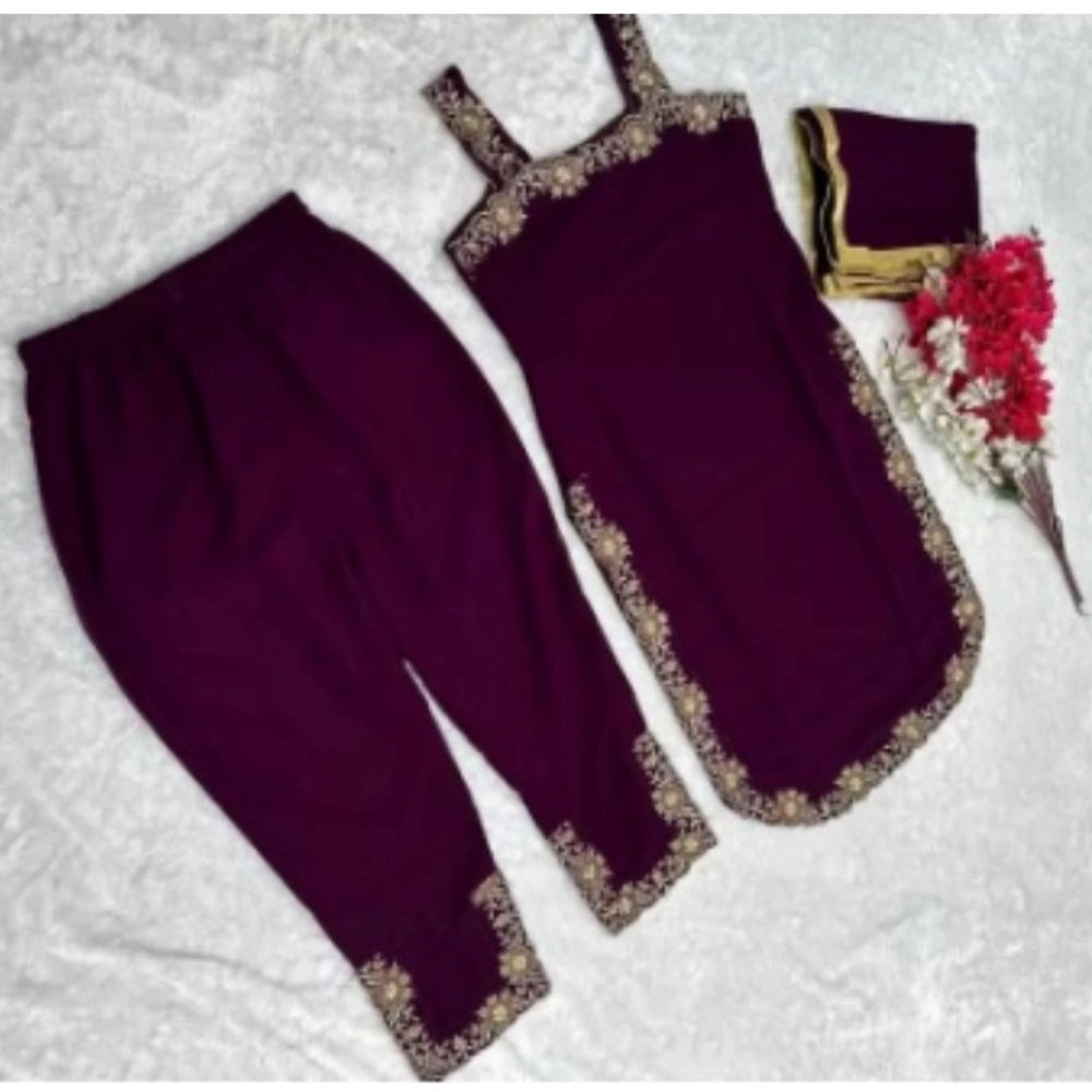 Snuggle Spot Women's Georgette Embroidery Sleeveless Round Neck Kurti, Palazzo And Dupatta Set (Wine)