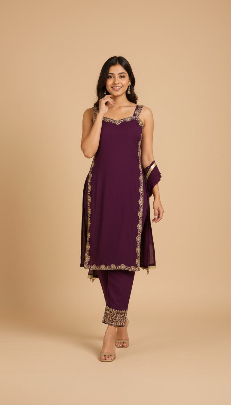 Snuggle Spot Women's Georgette Embroidery Sleeveless Round Neck Kurti, Palazzo And Dupatta Set (Wine)
