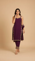 Snuggle Spot Women's Georgette Embroidery Sleeveless Round Neck Kurti, Palazzo And Dupatta Set (Wine)