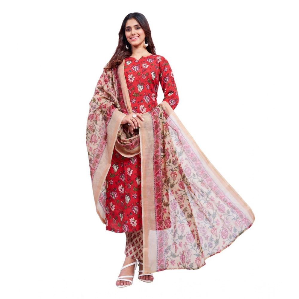 Snuggle Spot Women's Cotton Blend Printed Kurti With Pant Dupatta Set (Red)
