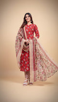 Snuggle Spot Women's Cotton Blend Printed Kurti With Pant Dupatta Set (Red)