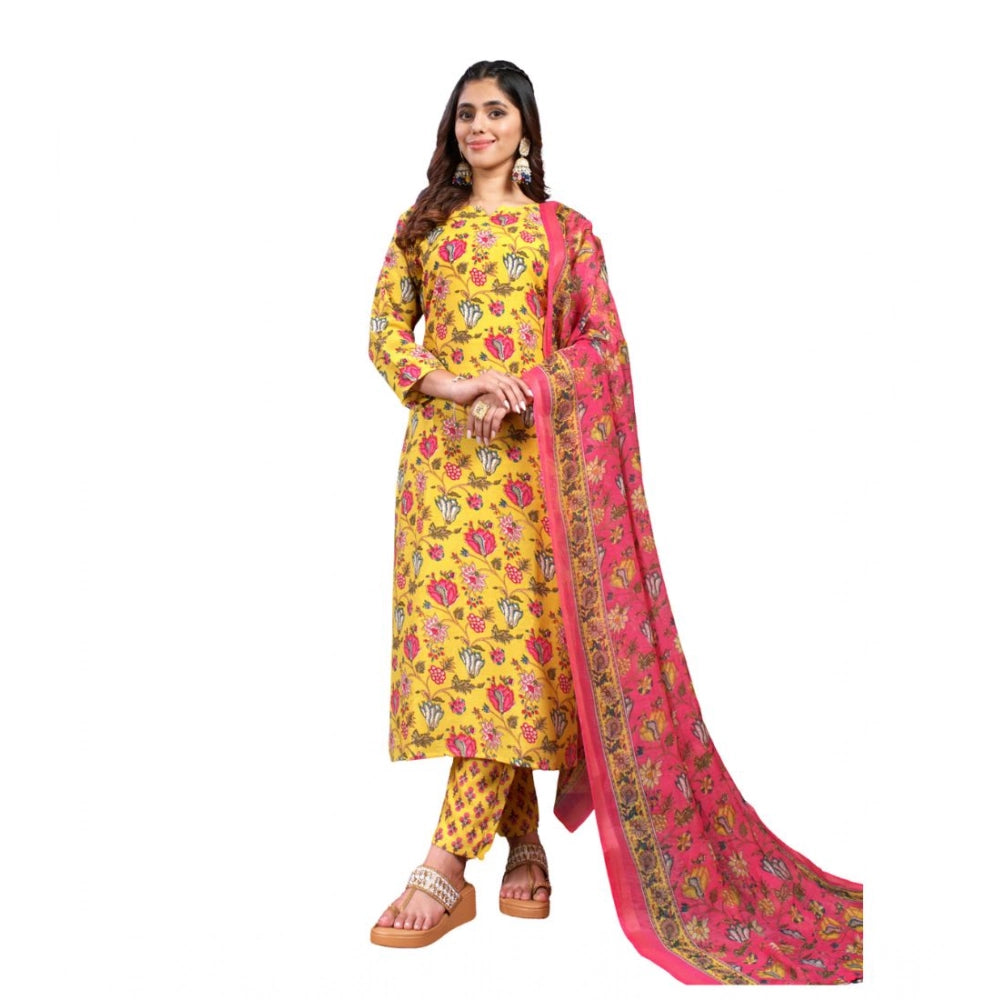 Snuggle Spot Women's Cotton Blend Printed Kurti With Pant Dupatta Set (Yellow)