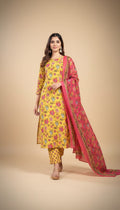 Snuggle Spot Women's Cotton Blend Printed Kurti With Pant Dupatta Set (Yellow)