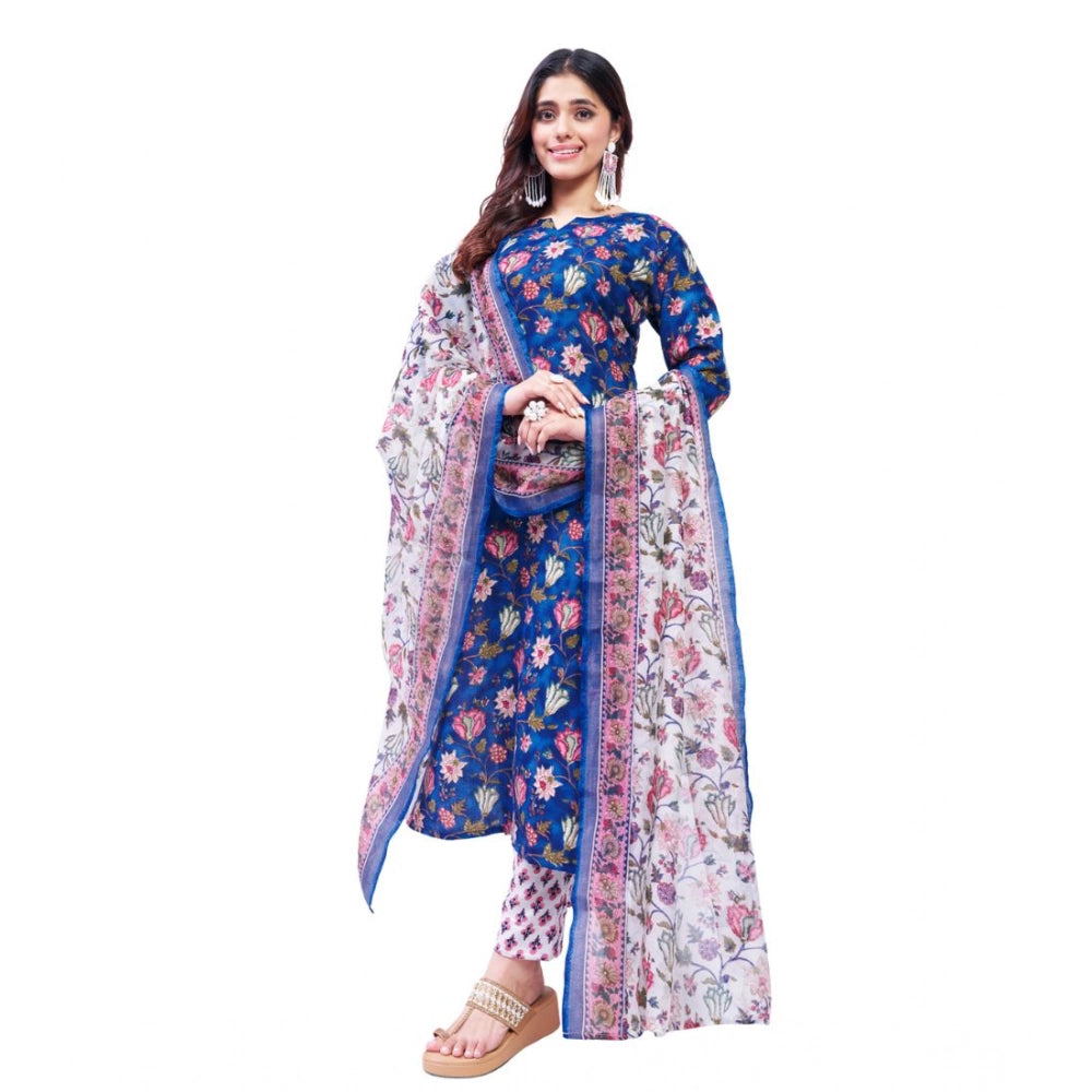 Snuggle Spot Women's Cotton Blend Printed Kurti With Pant Dupatta Set (Blue)
