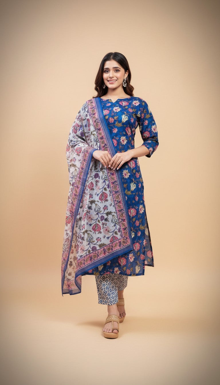 Snuggle Spot Women's Cotton Blend Printed Kurti With Pant Dupatta Set (Blue)