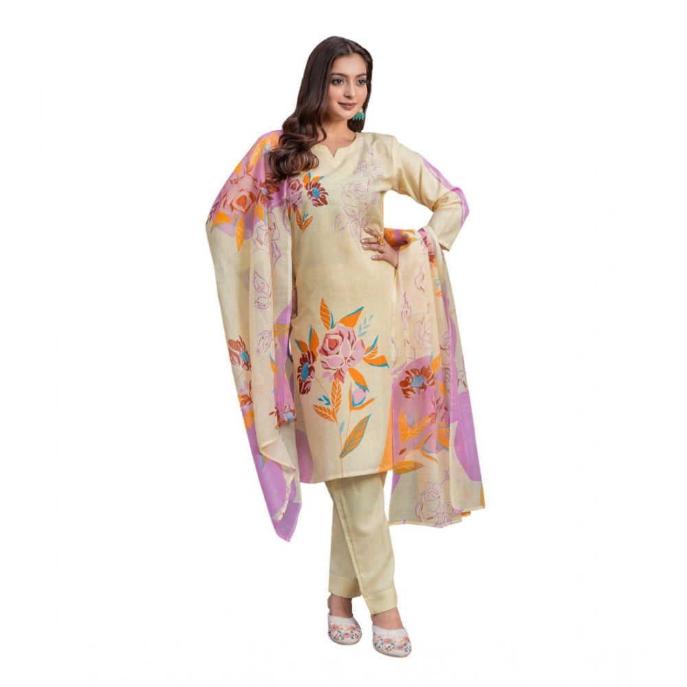 Snuggle Spot Women's Cotton Blend Printed Kurti With Pant Dupatta Set (Cream)