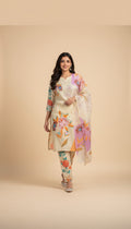Snuggle Spot Women's Cotton Blend Printed Kurti With Pant Dupatta Set (Cream)