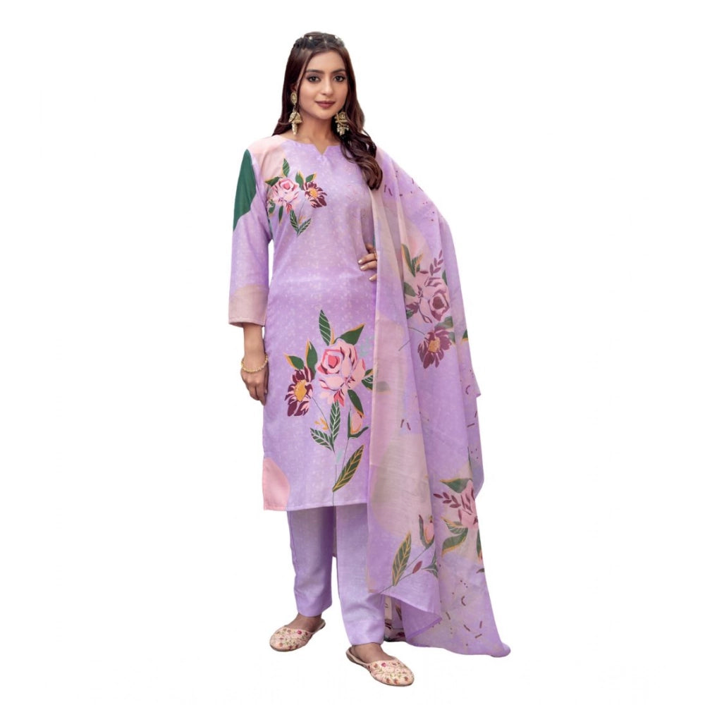Snuggle Spot Women's Cotton Blend Printed Kurti With Pant Dupatta Set (Lavender)
