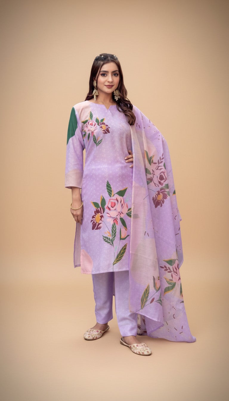 Snuggle Spot Women's Cotton Blend Printed Kurti With Pant Dupatta Set (Lavender)