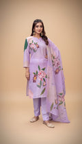 Snuggle Spot Women's Cotton Blend Printed Kurti With Pant Dupatta Set (Lavender)