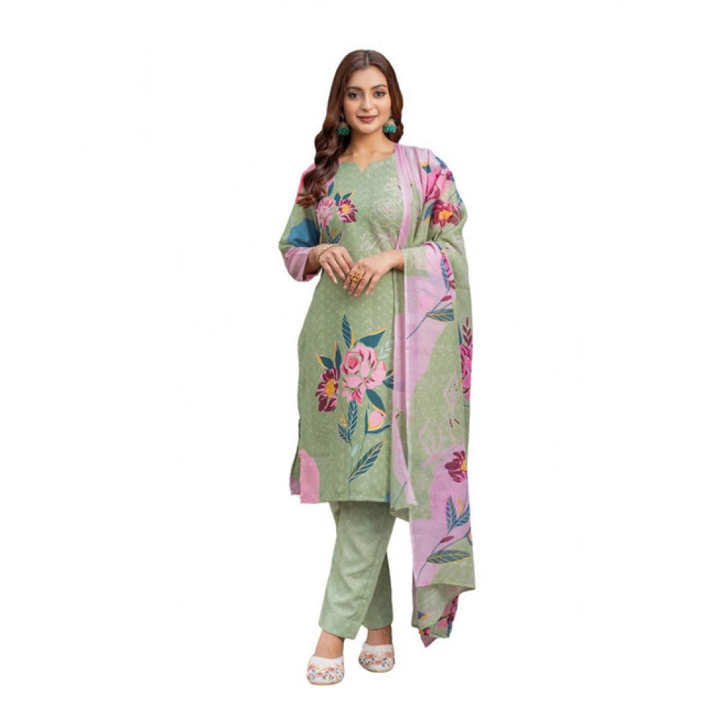 Snuggle Spot Women's Cotton Blend Printed Kurti With Pant Dupatta Set (Mehendi)