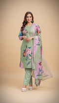 Snuggle Spot Women's Cotton Blend Printed Kurti With Pant Dupatta Set (Mehendi)
