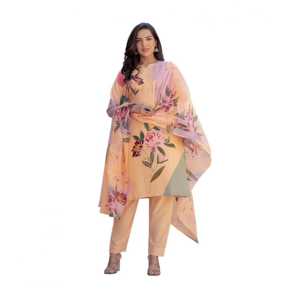 Snuggle Spot Women's Cotton Blend Printed Kurti With Pant Dupatta Set (Orange)