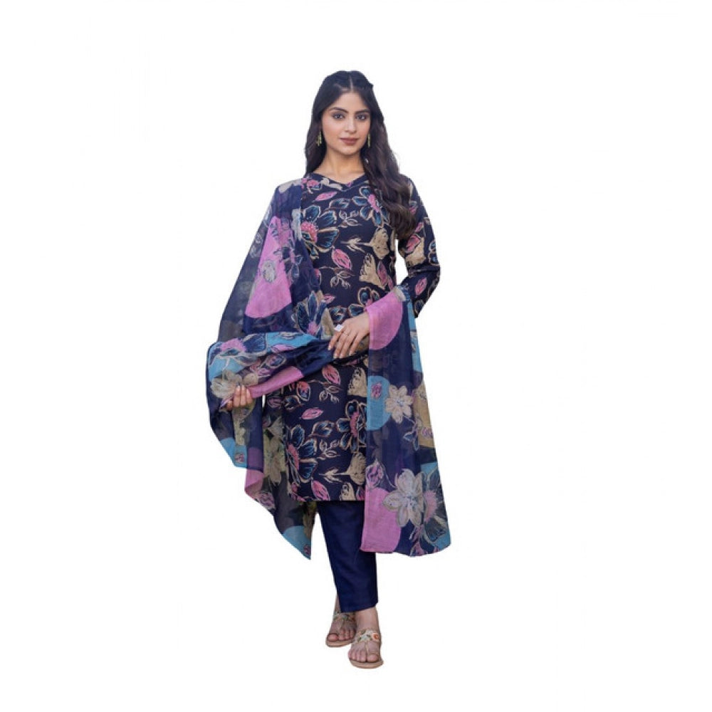 Snuggle Spot Women's Cotton Blend Printed Kurti With Pant Dupatta Set (NavyBlue)