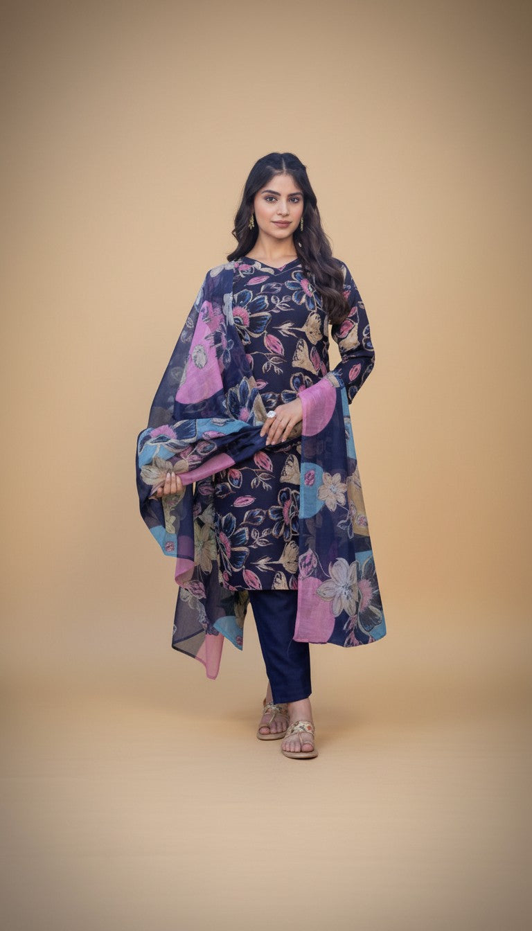 Snuggle Spot Women's Cotton Blend Printed Kurti With Pant Dupatta Set (NavyBlue)