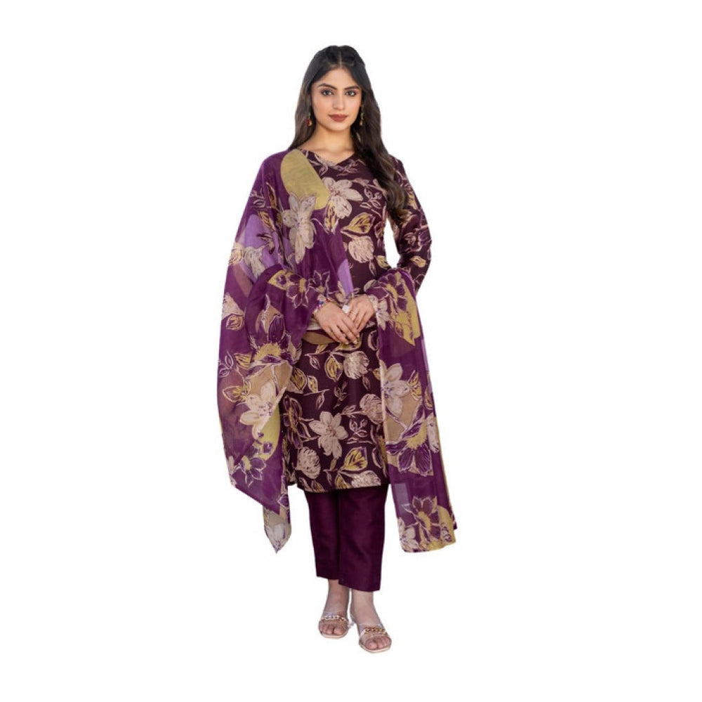 Snuggle Spot Women's Cotton Blend Printed Kurti With Pant Dupatta Set (Purple)