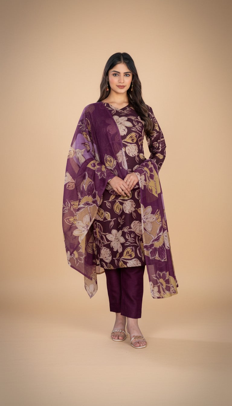 Snuggle Spot Women's Cotton Blend Printed Kurti With Pant Dupatta Set (Purple)