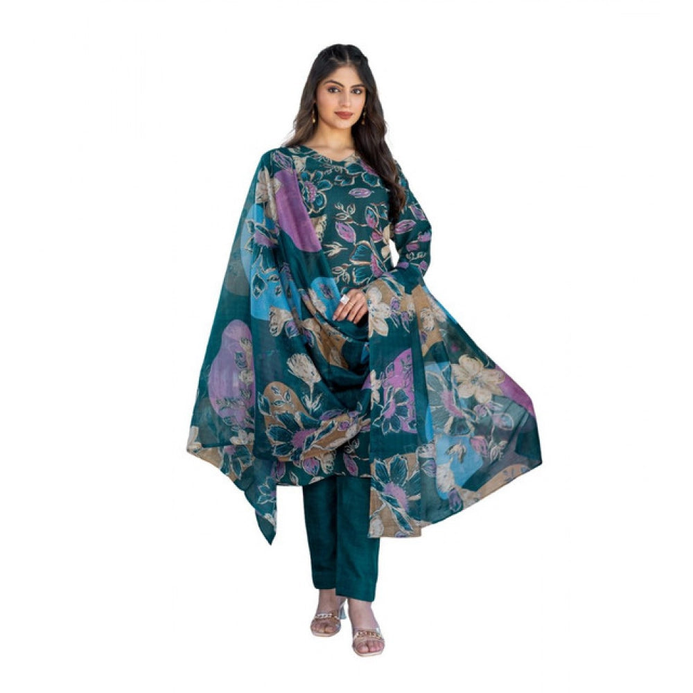 Snuggle Spot Women's Cotton Blend Printed Kurti With Pant Dupatta Set (Rama)