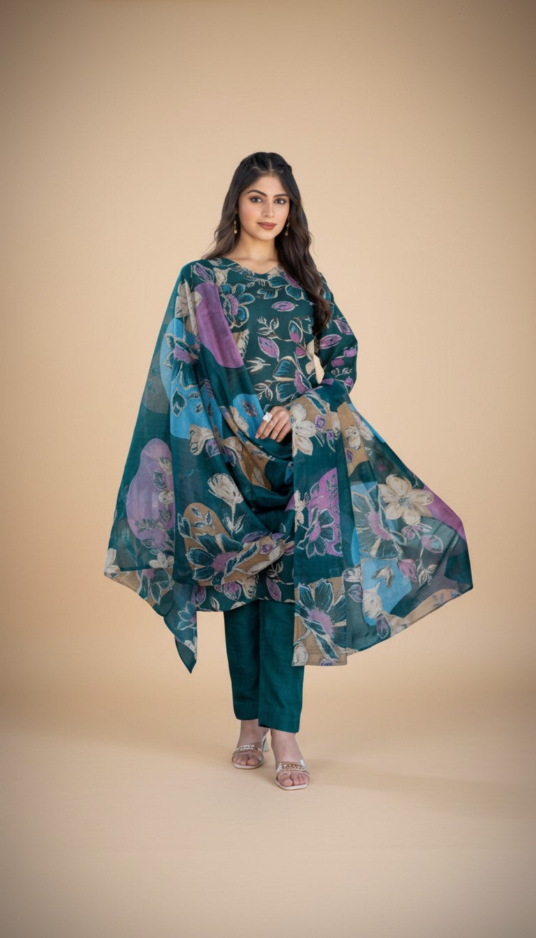 Snuggle Spot Women's Cotton Blend Printed Kurti With Pant Dupatta Set (Rama)