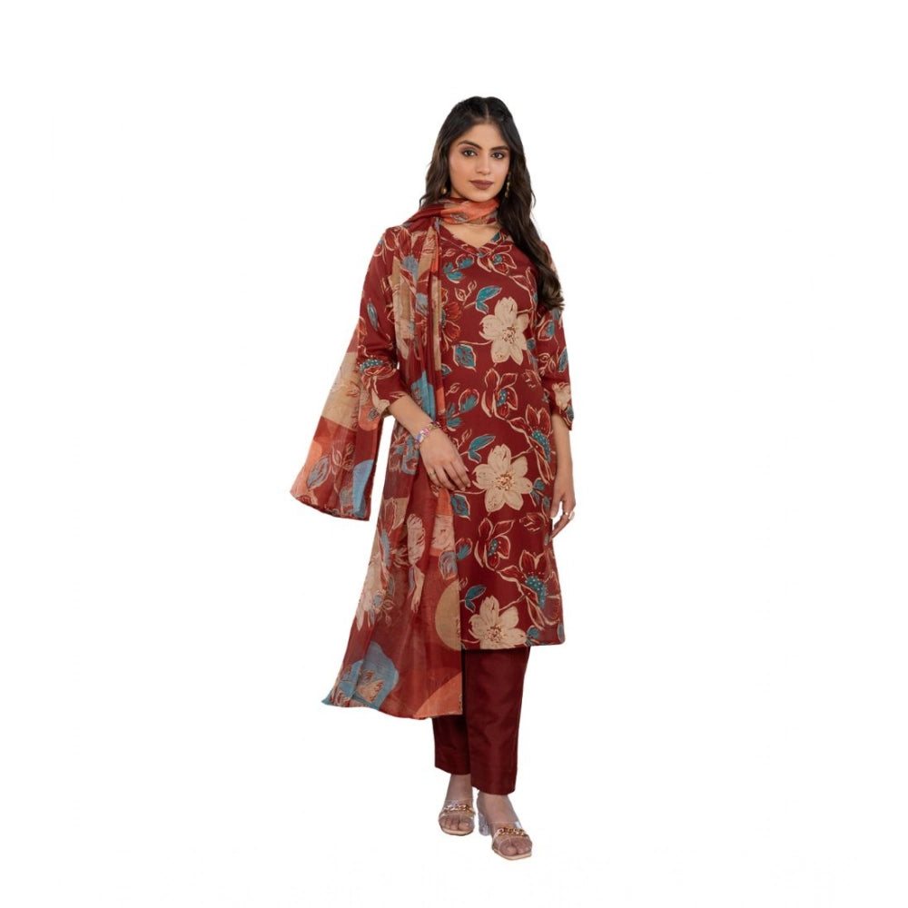 Snuggle Spot Women's Cotton Blend Printed Kurti With Pant Dupatta Set (Rust)