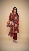 Snuggle Spot Women's Cotton Blend Printed Kurti With Pant Dupatta Set (Rust)