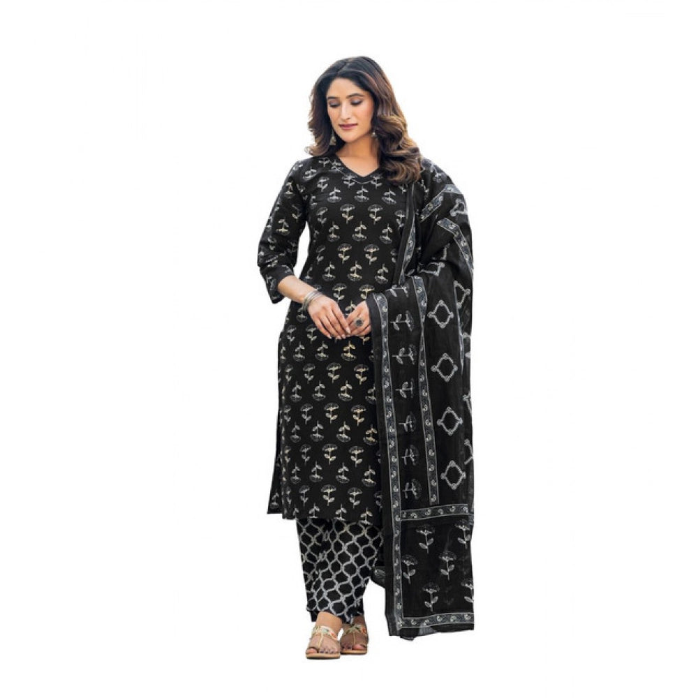 Snuggle Spot Women's Cotton Blend Printed Kurti With Pant Dupatta Set (Black)