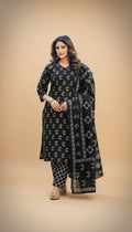 Snuggle Spot Women's Cotton Blend Printed Kurti With Pant Dupatta Set (Black)