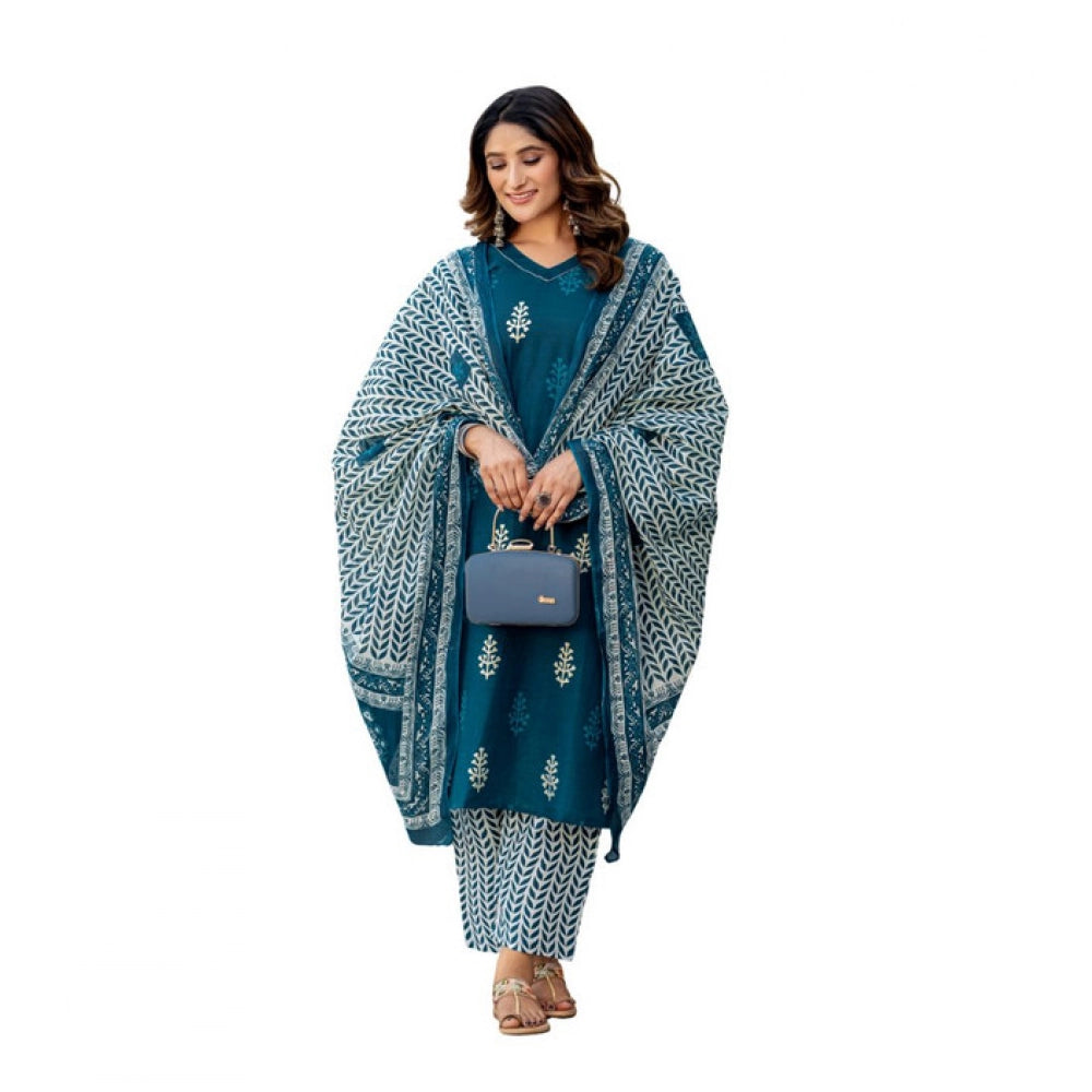 Snuggle Spot Women's Cotton Blend Printed Kurti With Pant Dupatta Set (Morpichh)