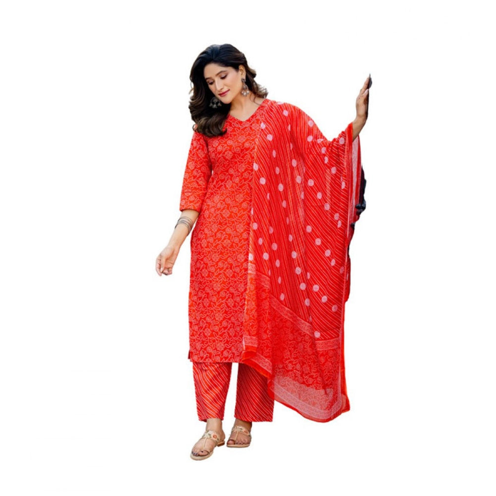 Snuggle Spot Women's Cotton Blend Printed Kurti With Pant Dupatta Set (Orange)