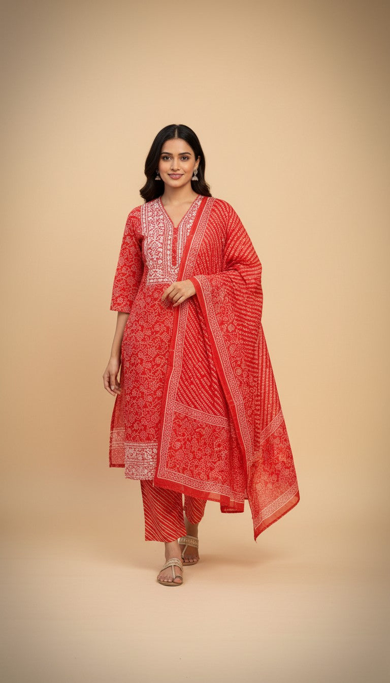 Snuggle Spot Women's Cotton Blend Printed Kurti With Pant Dupatta Set (Orange)