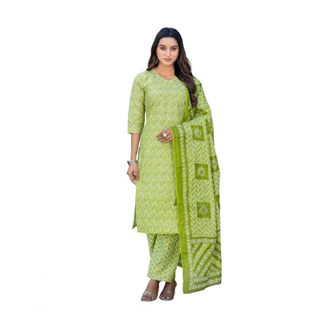 Snuggle Spot Women's Cotton Blend Printed Kurti With Pant Dupatta Set (Parrot)