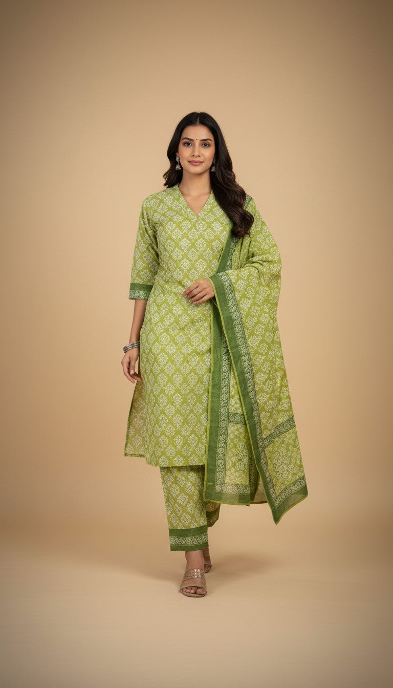 Snuggle Spot Women's Cotton Blend Printed Kurti With Pant Dupatta Set (Parrot)