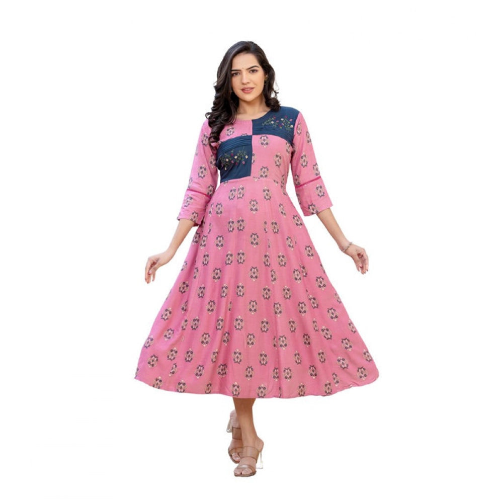 Snuggle Spot Women's Rayon  Print With Embroidery Work A-Line Kurti (Wine)