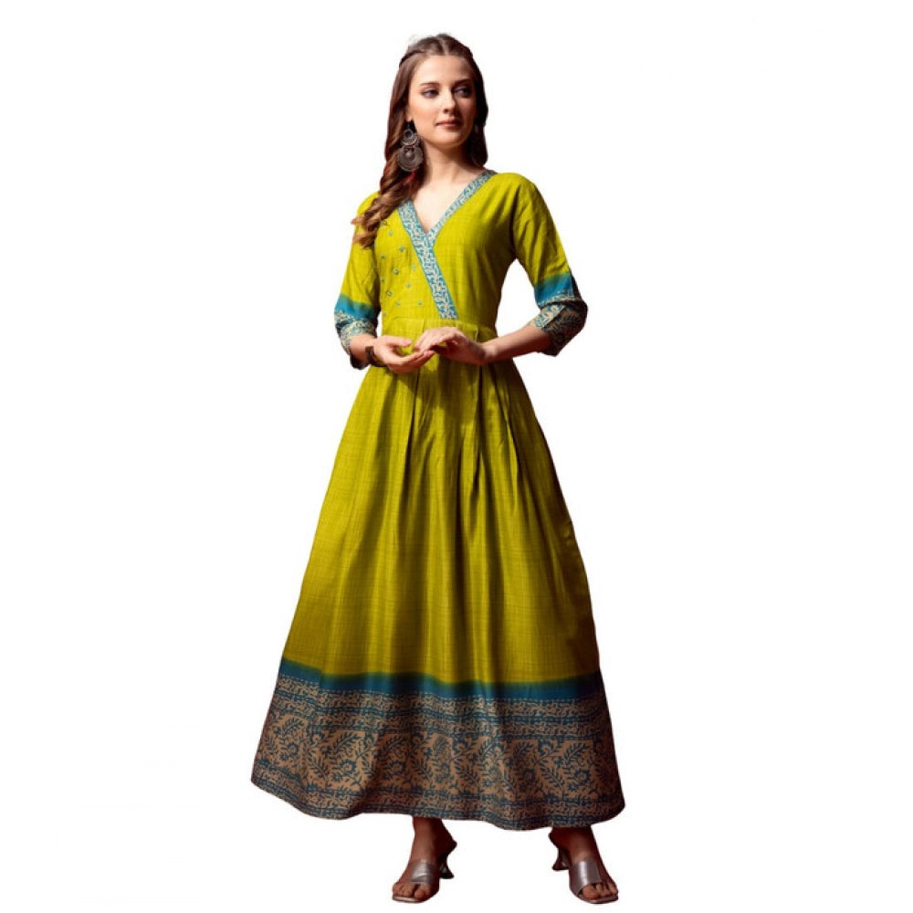 Snuggle Spot Women's Cotton Blend Printed Anarkali Gown (Green)