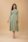 Snuggle Spot Women's Rayon  Print With Embroidery Work A-Line Kurti (Green)