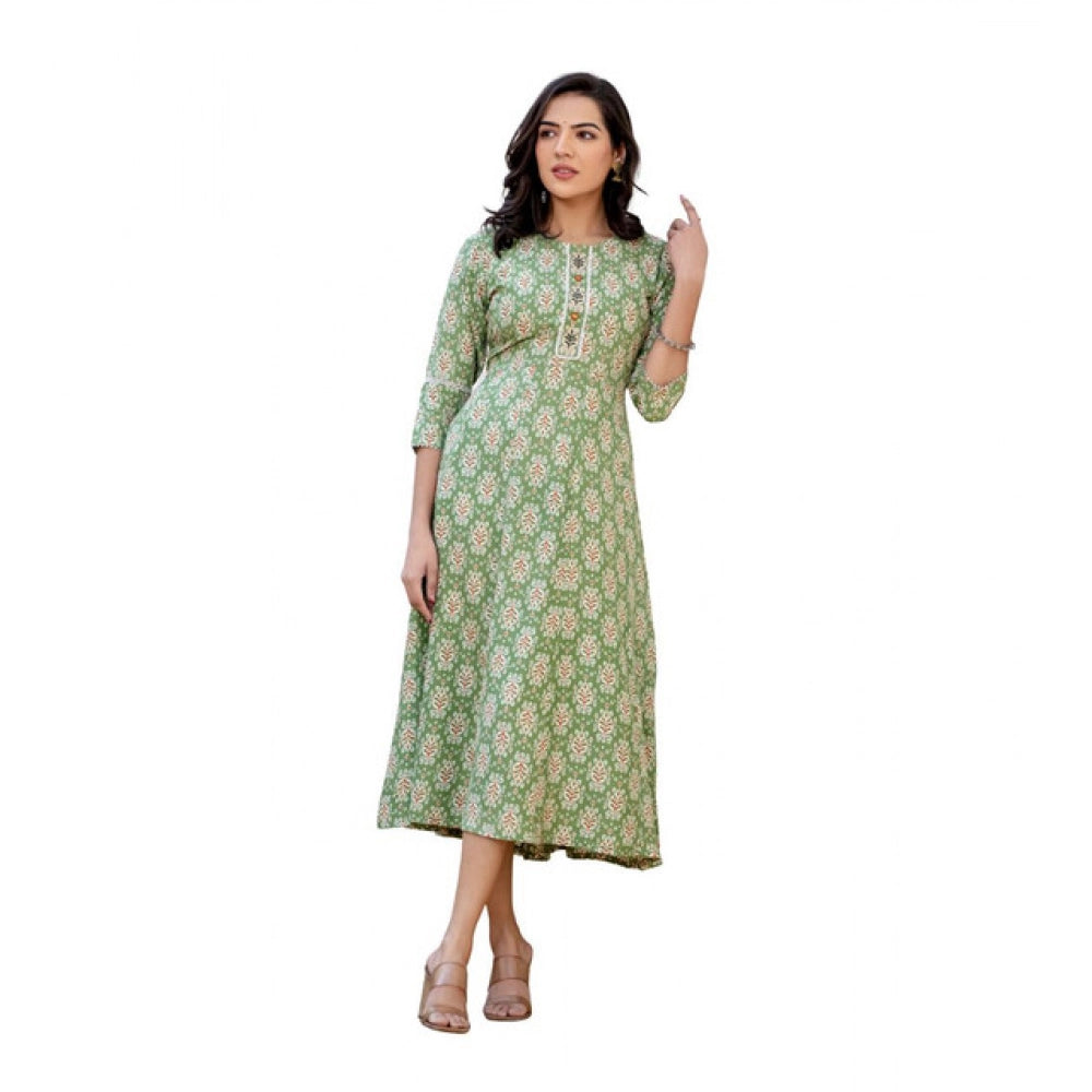 Snuggle Spot Women's Rayon  Print With Embroidery Work A-Line Kurti (Green)