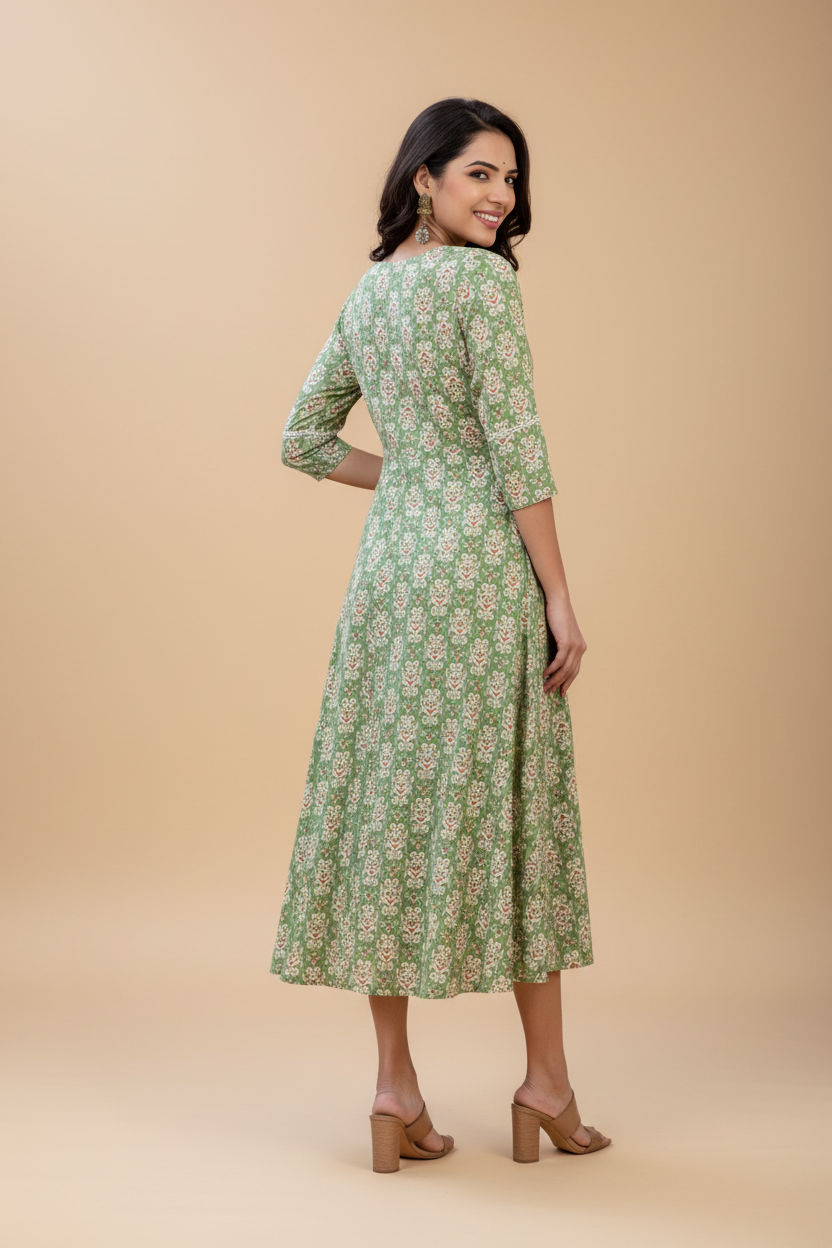 Snuggle Spot Women's Rayon  Print With Embroidery Work A-Line Kurti (Green)