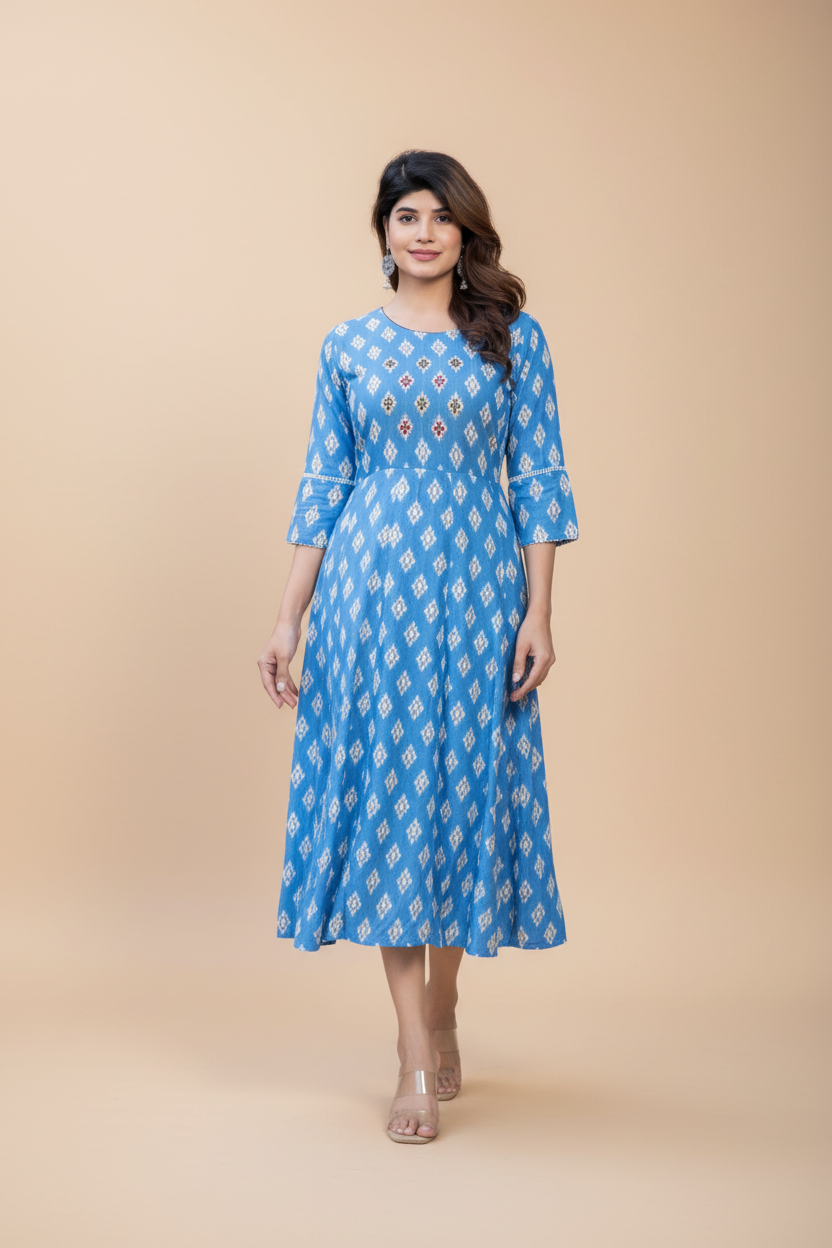 Snuggle Spot Women's Rayon Print With Embroidery Work A-Line Kurti (Sky Blue)