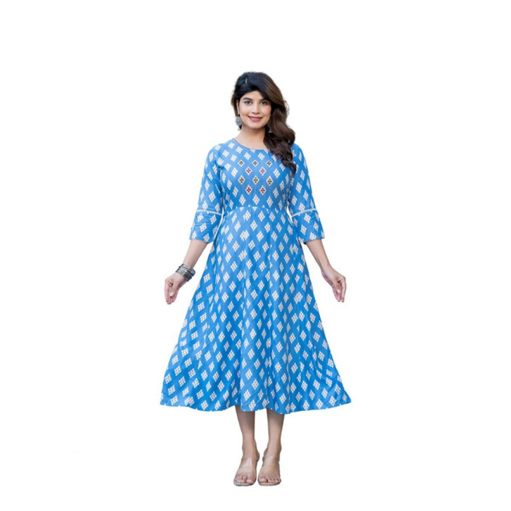 Snuggle Spot Women's Rayon Print With Embroidery Work A-Line Kurti (Sky Blue)