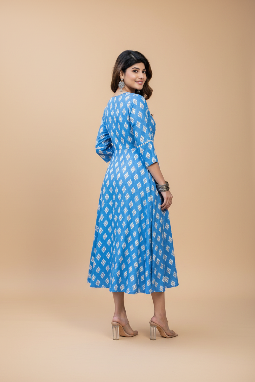 Snuggle Spot Women's Rayon Print With Embroidery Work A-Line Kurti (Sky Blue)