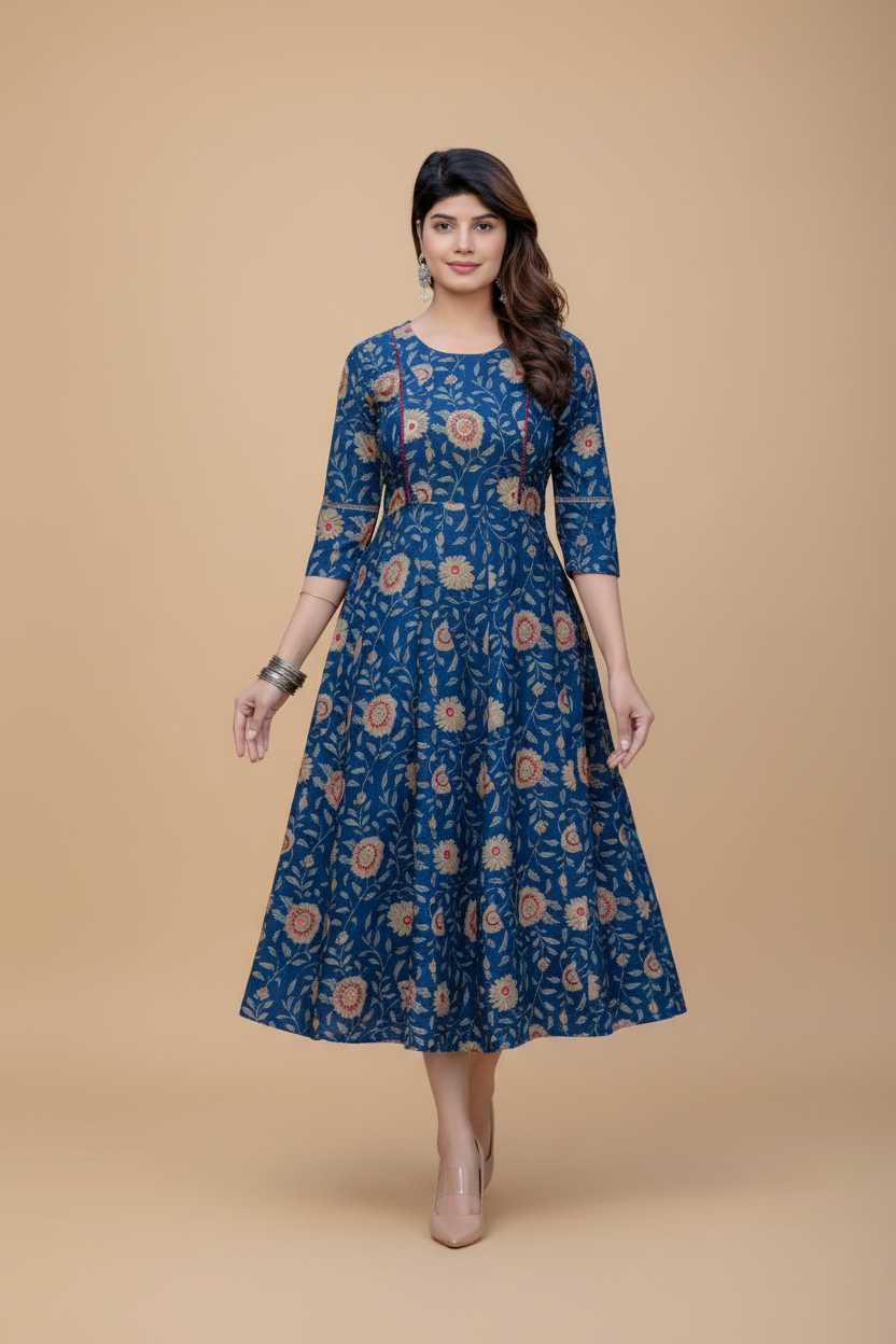 Snuggle Spot Women's Rayon Print With Embroidery Work A-Line Kurti (Navy Blue)