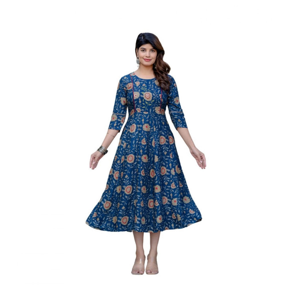 Snuggle Spot Women's Rayon Print With Embroidery Work A-Line Kurti (Navy Blue)