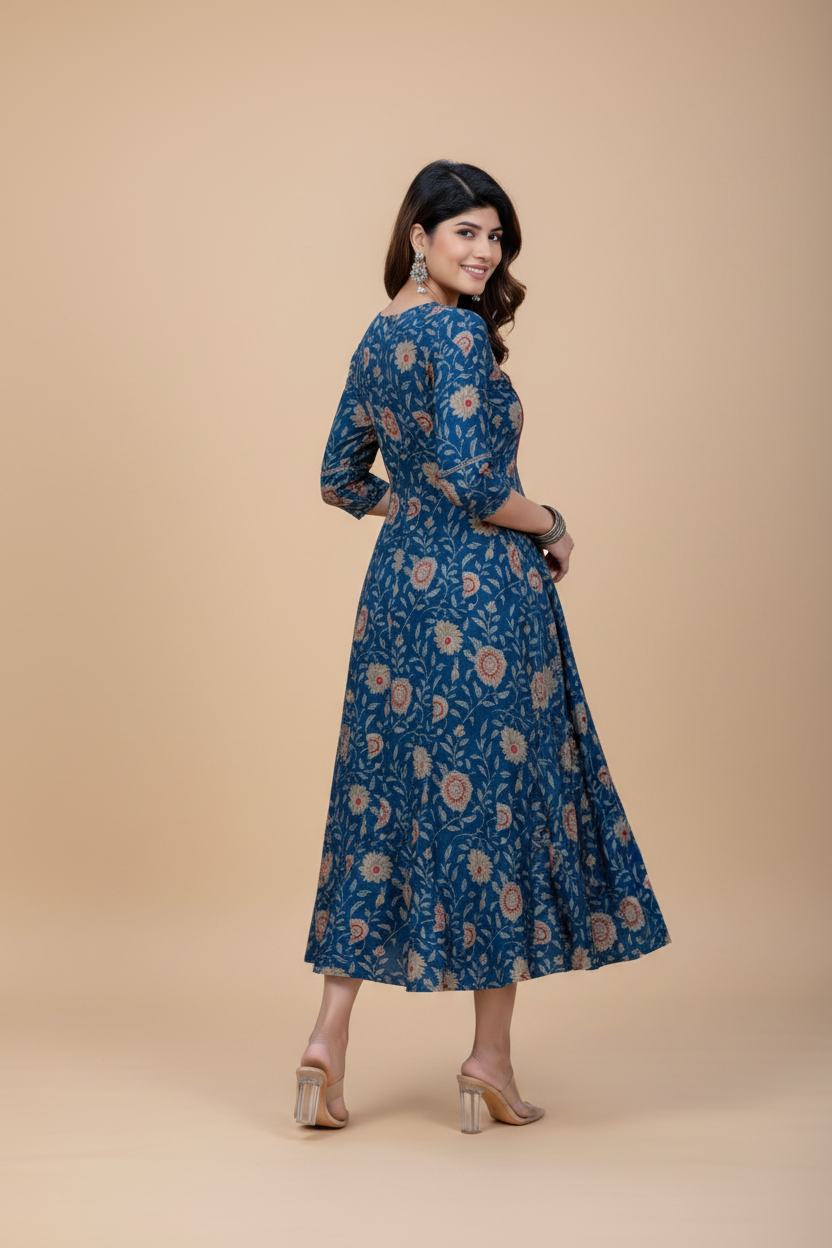 Snuggle Spot Women's Rayon Print With Embroidery Work A-Line Kurti (Navy Blue)