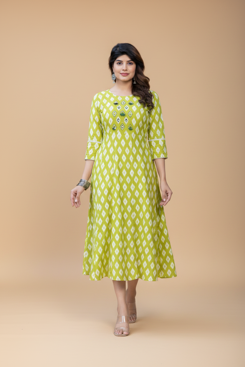 Snuggle Spot Women's Rayon Print With Embroidery Work A-Line Kurti (Parrot)
