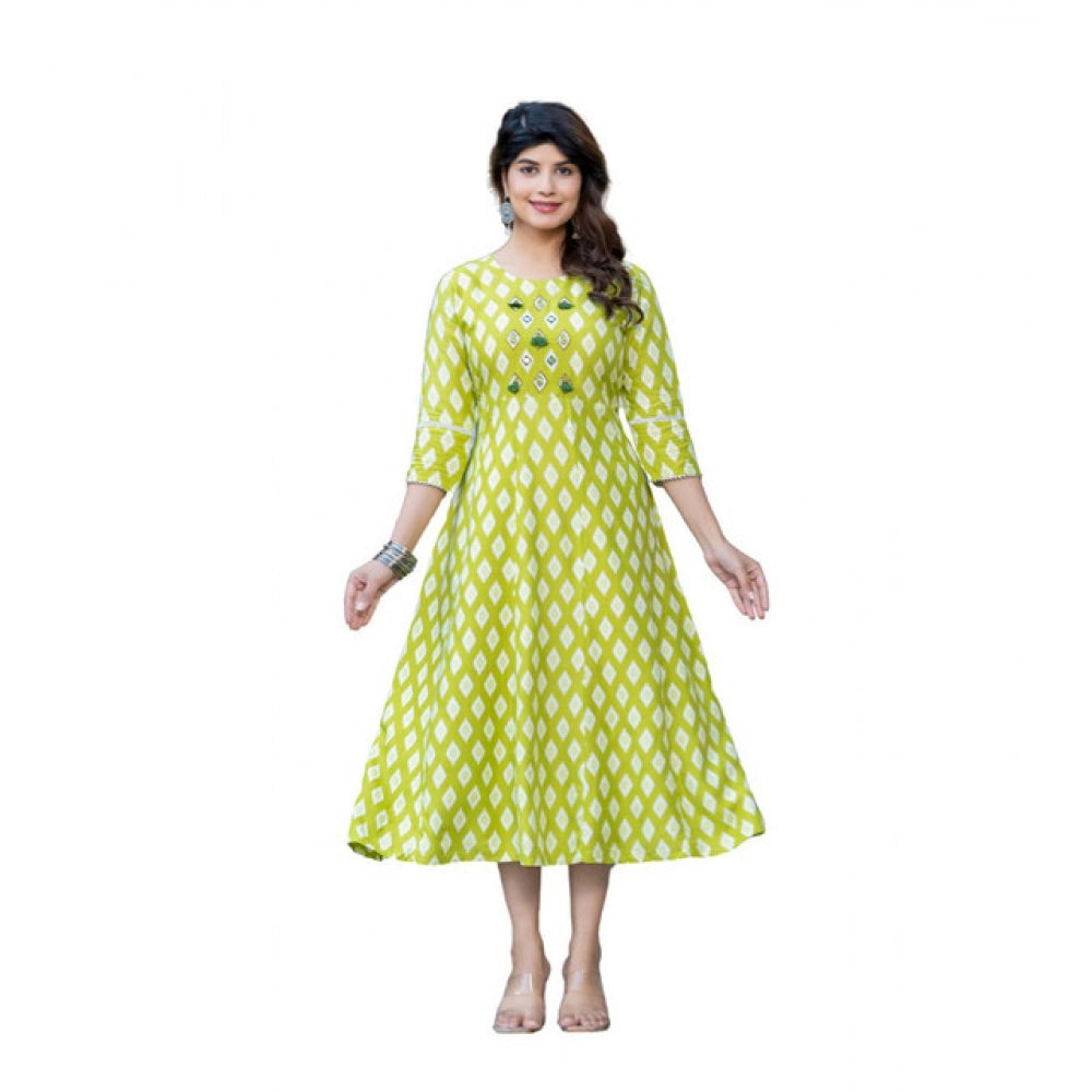 Snuggle Spot Women's Rayon Print With Embroidery Work A-Line Kurti (Parrot)